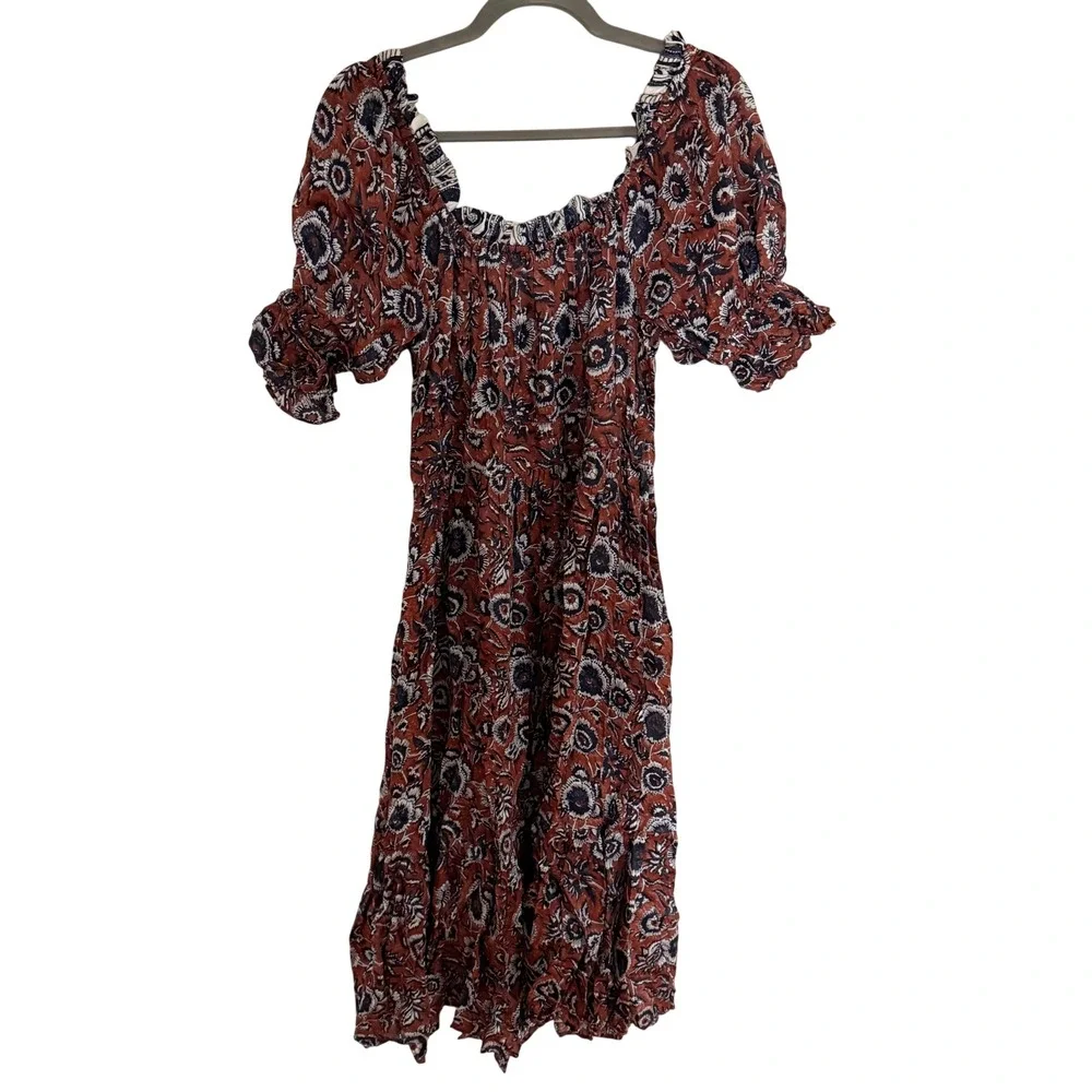Cleobella Catalina Rust Floral Midi Dress Short Puff Sleeve Medium Boho Western - Picture 4 of 8
